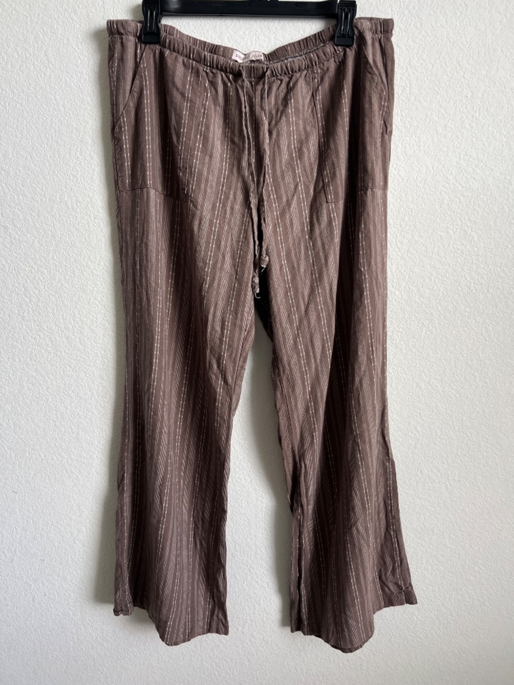 Brown Drawstring Pants, Linen blend, Size XL, Wide leg